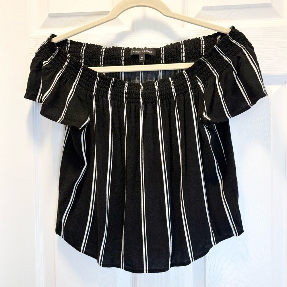 Kendall & Kylie Black & White Striped Off-the-Shoulder Top
